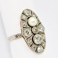 Art Deco Ring, Rosegold und Platin, mit Diamanten und natürlicher Perle