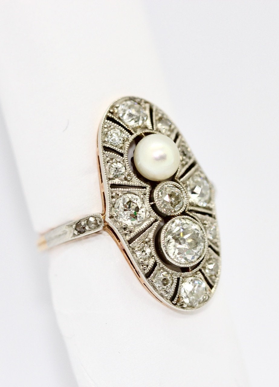 Art Deco Ring, Rosegold und Platin, mit Diamanten und natürlicher Perle