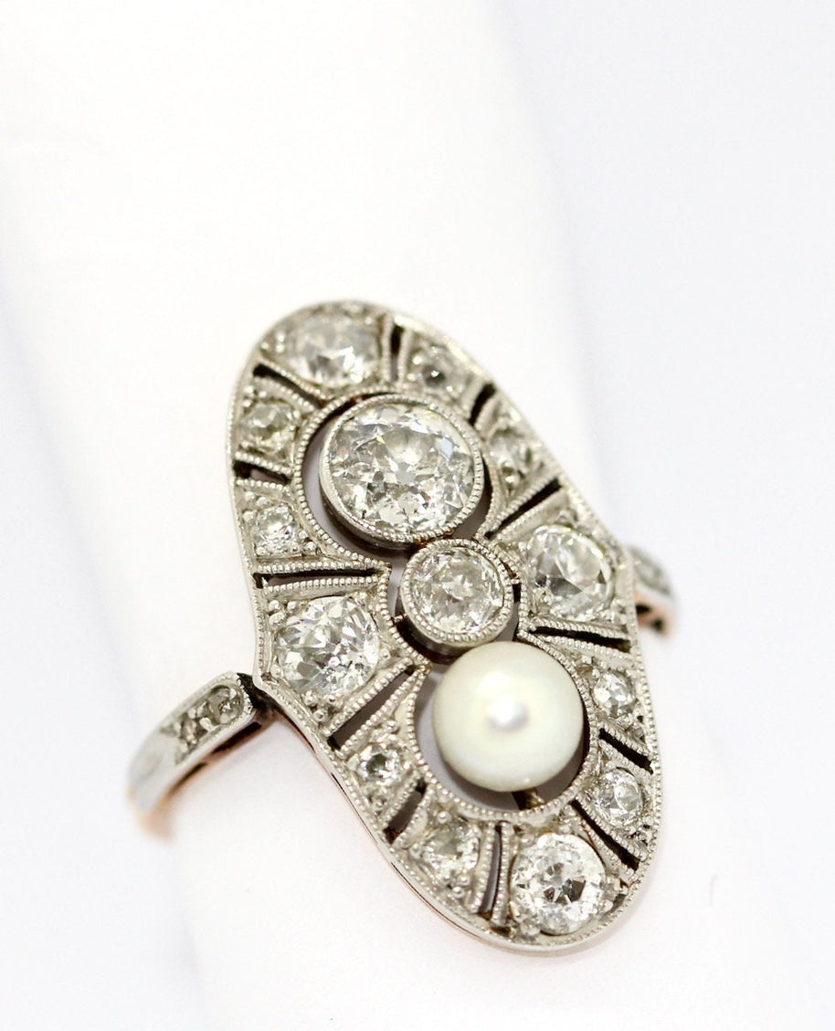 Art Deco Ring, Rosegold und Platin, mit Diamanten und natürlicher Perle