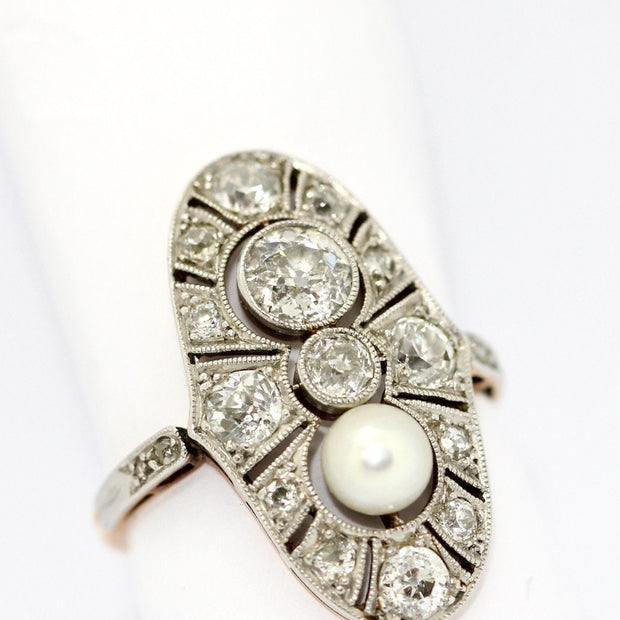 Art Deco Ring, Rosegold und Platin, mit Diamanten und natürlicher Perle