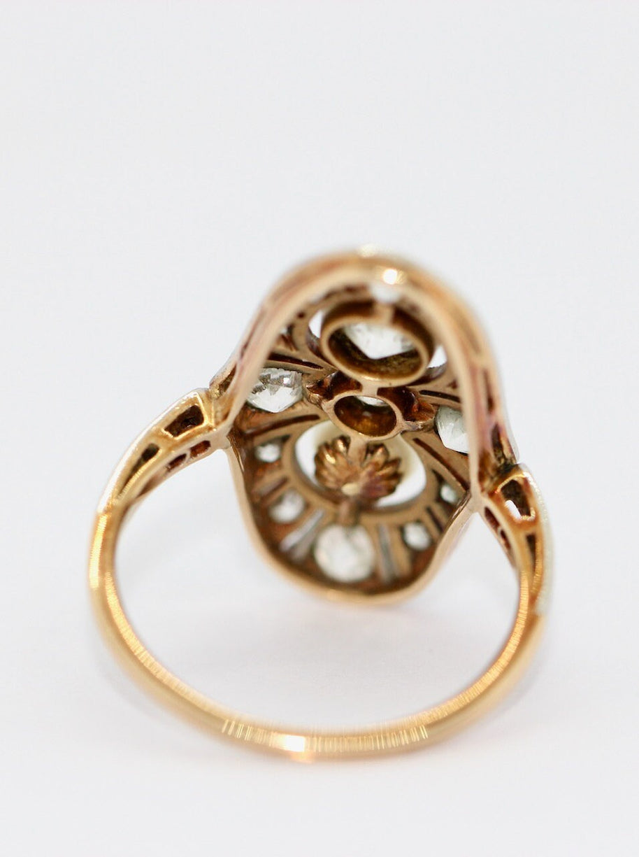 Art Deco Ring, Rosegold und Platin, mit Diamanten und natürlicher Perle