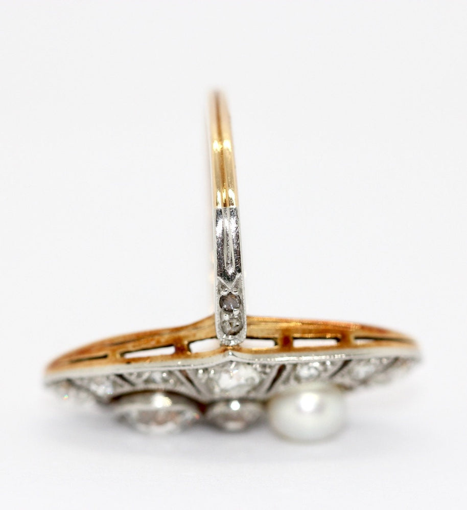 Art Deco Ring, Rosegold und Platin, mit Diamanten und natürlicher Perle