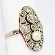 Art Deco Ring, Rosegold und Platin, mit Diamanten und natürlicher Perle