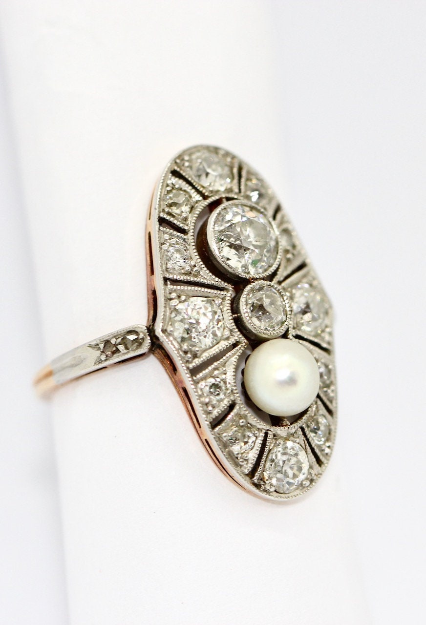 Art Deco Ring, Rosegold und Platin, mit Diamanten und natürlicher Perle