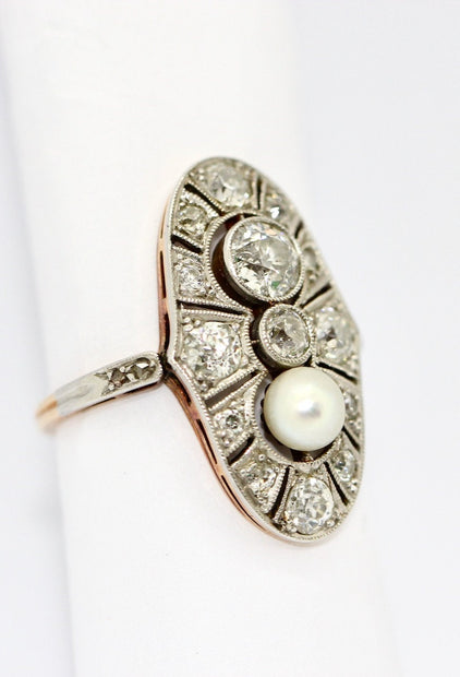 Art Deco Ring, Rosegold und Platin, mit Diamanten und natürlicher Perle