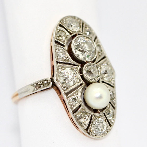 Art Deco Ring, Rosegold und Platin, mit Diamanten und natürlicher Perle