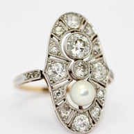 Art Deco Ring, Rosegold und Platin, mit Diamanten und natürlicher Perle