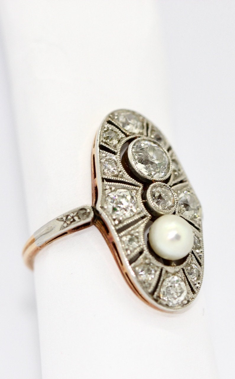 Art Deco Ring, Rosegold und Platin, mit Diamanten und natürlicher Perle