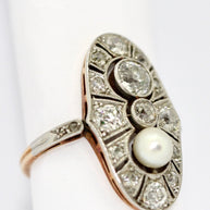 Art Deco Ring, Rosegold und Platin, mit Diamanten und natürlicher Perle