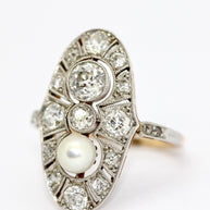 Art Deco Ring, Rosegold und Platin, mit Diamanten und natürlicher Perle