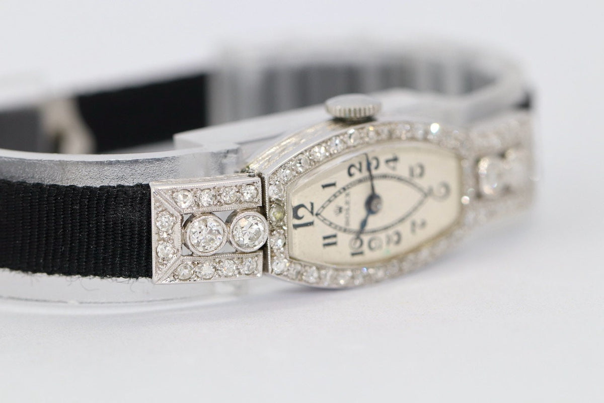 Rolex Art Deco Ladies Wristwatch, 18 Karat White Gold and Diamonds