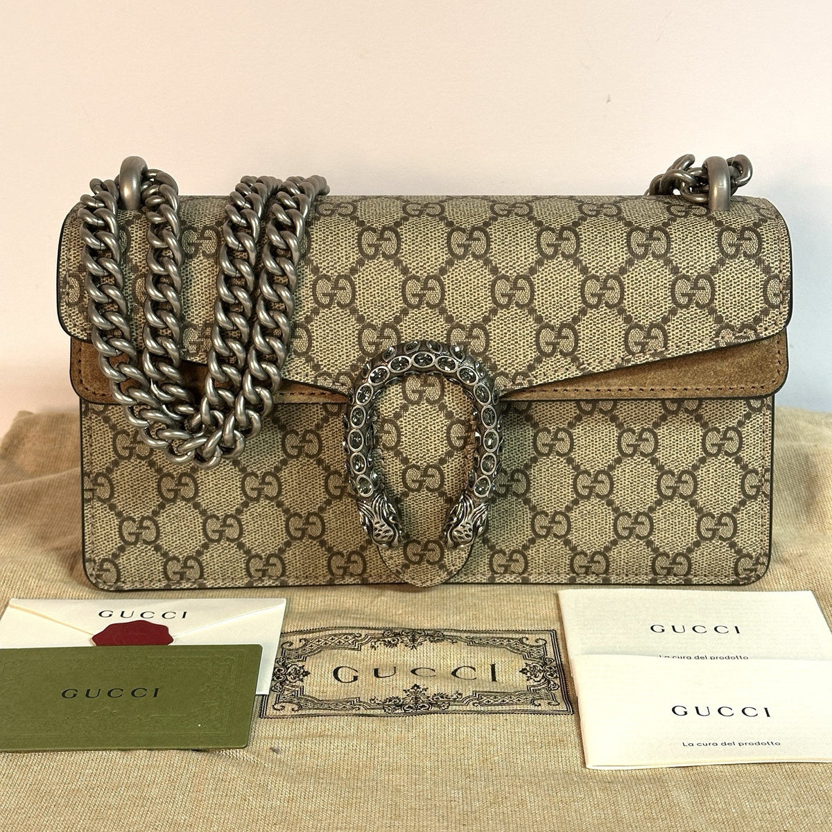 Gucci kleine Dionysus Schultertasche GG Supreme Beige/Taupe 2025 WIE NEU