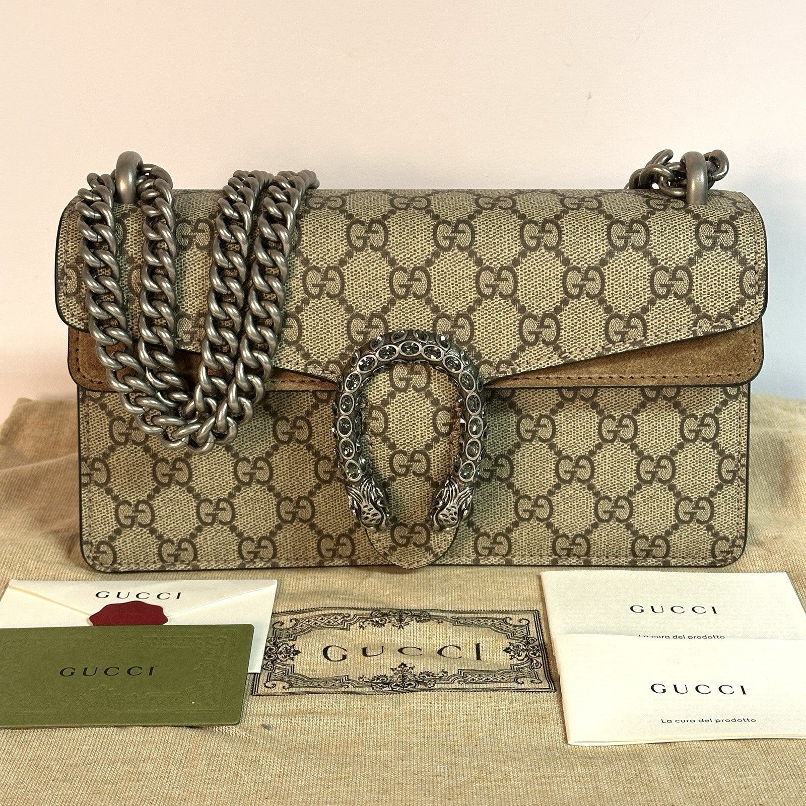 Gucci kleine Dionysus Schultertasche GG Supreme Beige/Taupe 2025 WIE NEU