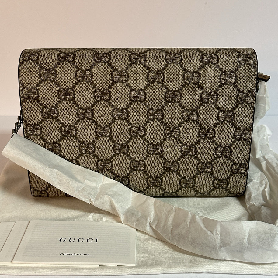 Gucci Dionysus Schultertasche Brieftasche mit Kette GG Supreme Beige/Taupe 2025