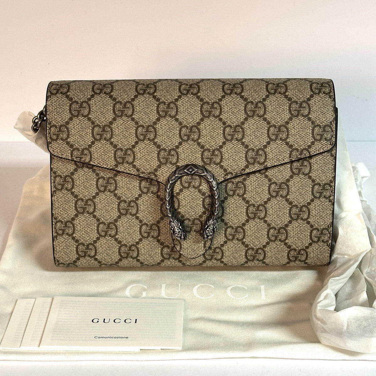 Gucci Dionysus Schultertasche Brieftasche mit Kette GG Supreme Beige/Taupe 2025