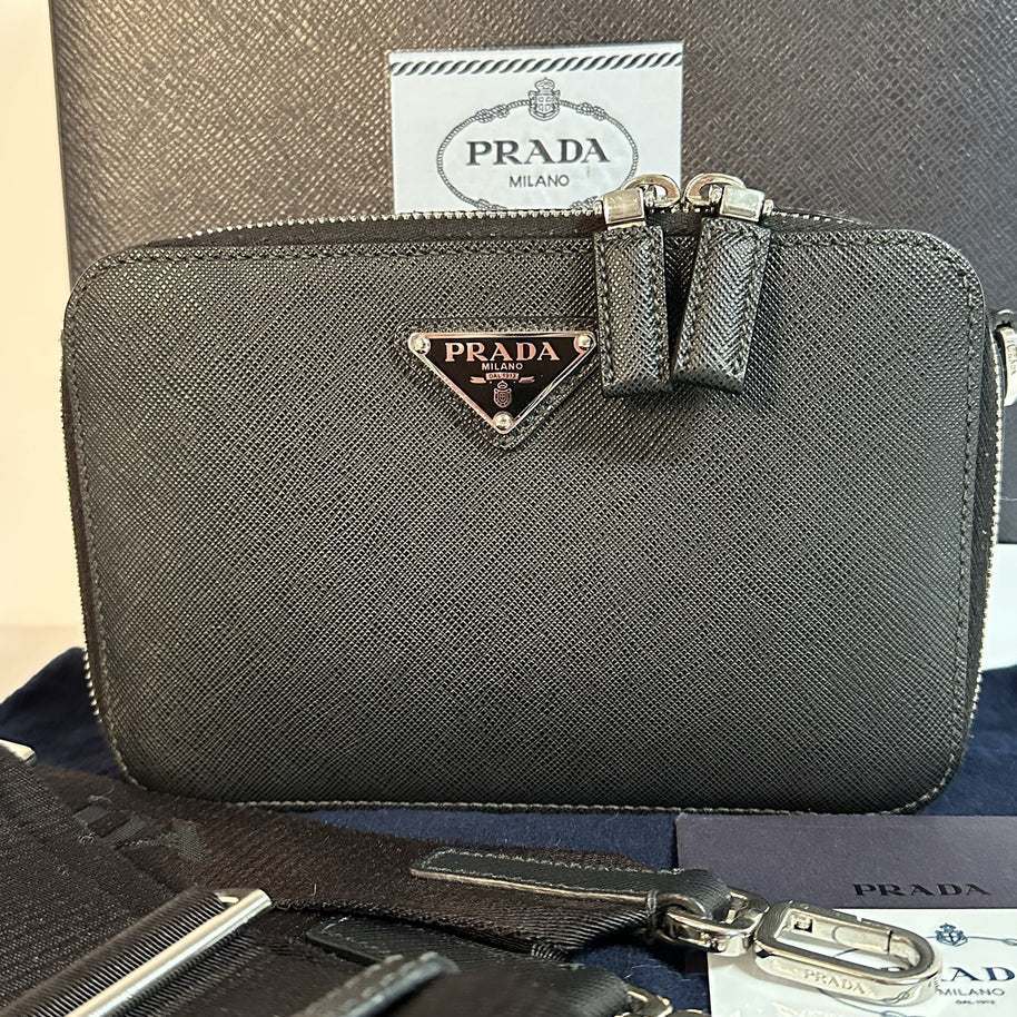Prada Brique Umhängetasche Schwarz Saffiano Leder TOP ZUSTAND 2022