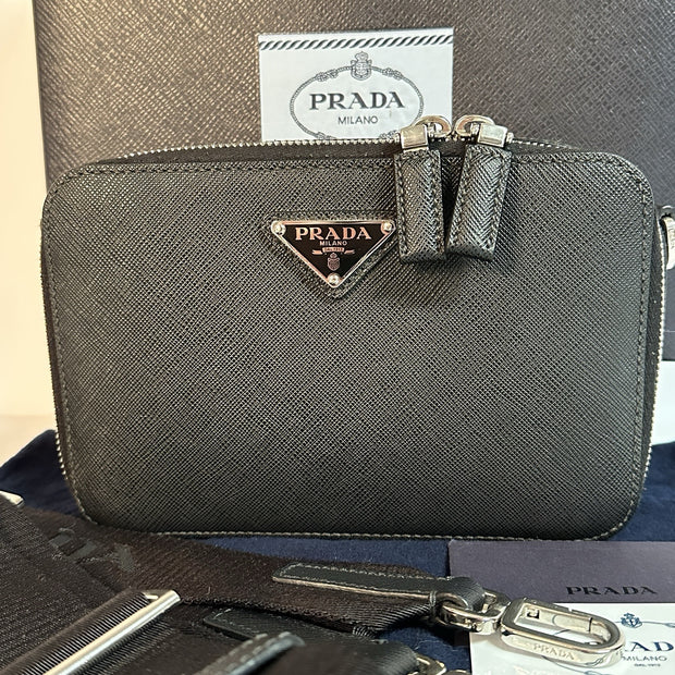 Prada Brique Umhängetasche Schwarz Saffiano Leder TOP ZUSTAND 2022