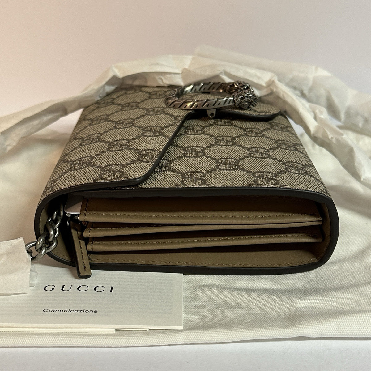 Gucci Dionysus Schultertasche Brieftasche mit Kette GG Supreme Beige/Taupe 2025