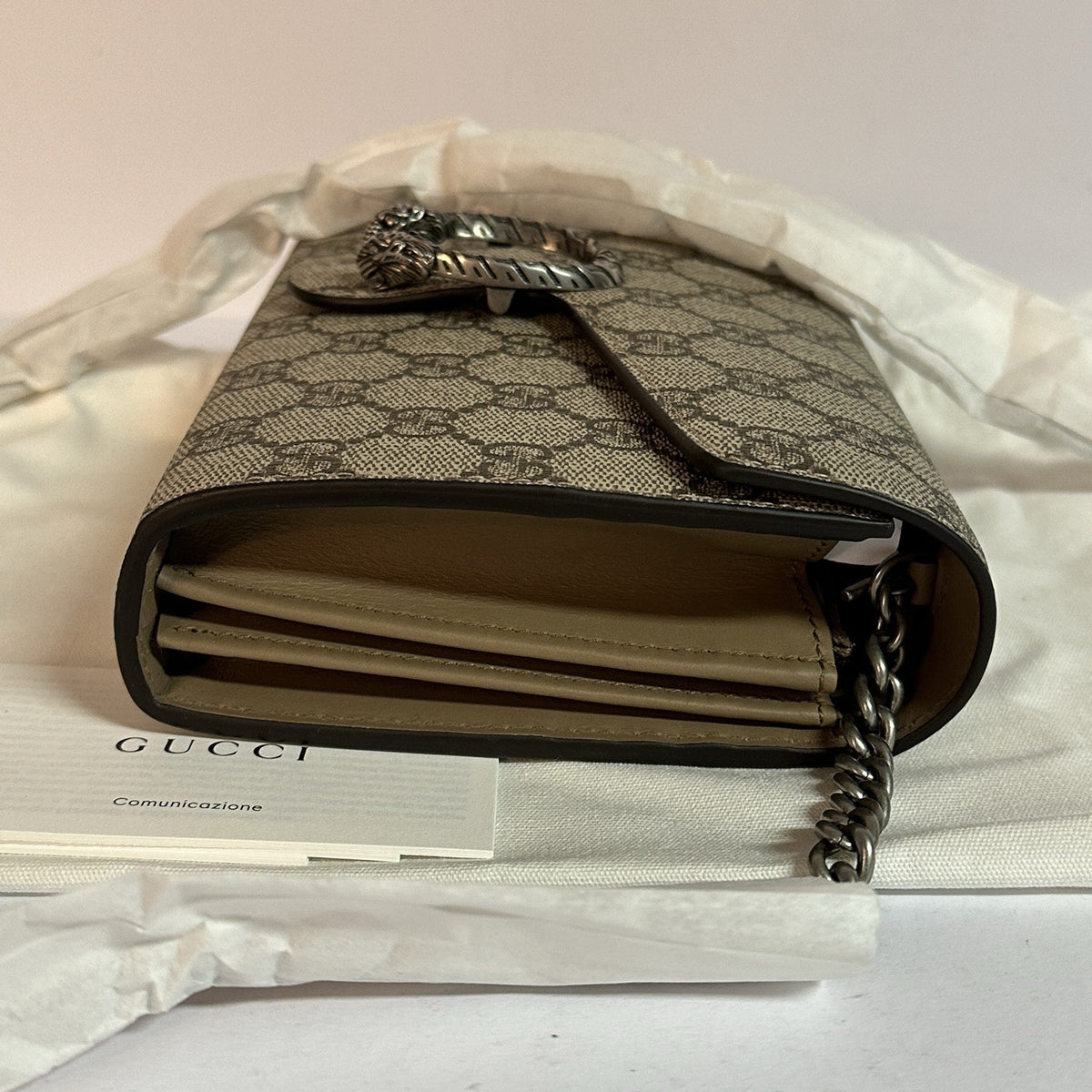 Gucci Dionysus Schultertasche Brieftasche mit Kette GG Supreme Beige/Taupe 2025